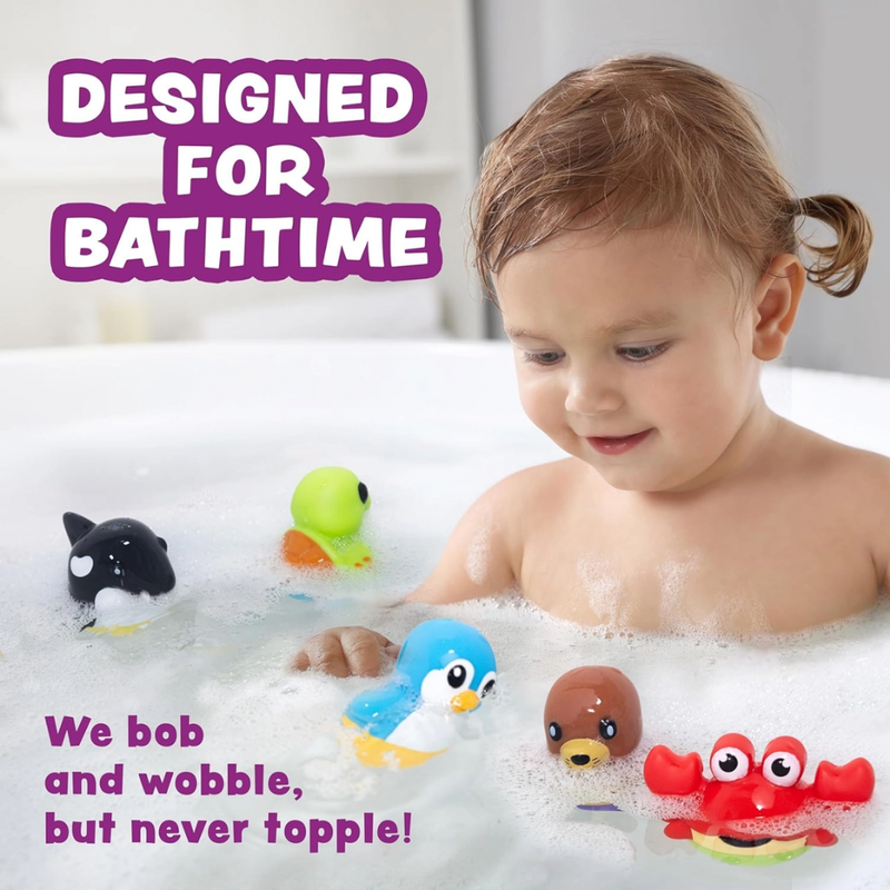Child playing with bath toys in a bathtub, with text indicating they are designed for bathtime.