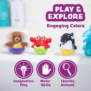 Three colorful animal bath toys with educational icons and text on a white background.
