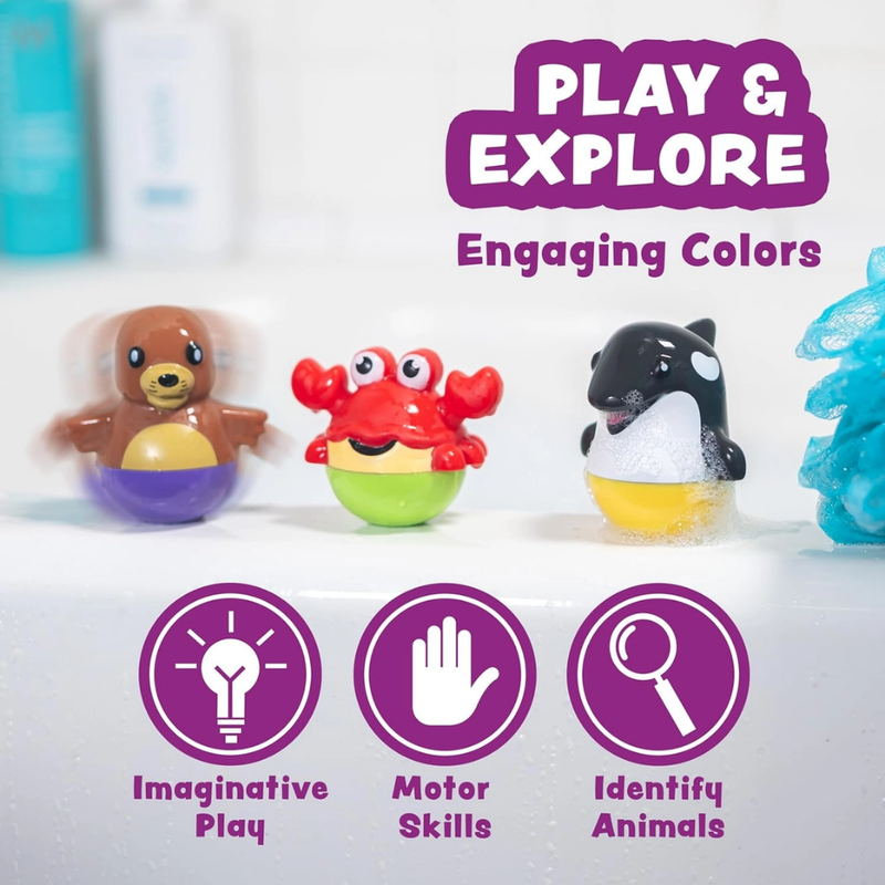Three colorful animal bath toys with educational icons and text on a white background.
