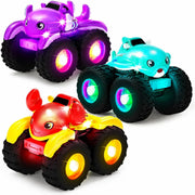 Three brightly colored Monster Trucks with large, oversized tires.  These are fully sealed lighted trucks for bathtime.