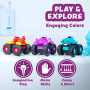 Three bright and colorful Monster Trucks with tags acknowledging that these bath toys are good for imaginative play, motor skills and cause+effect.