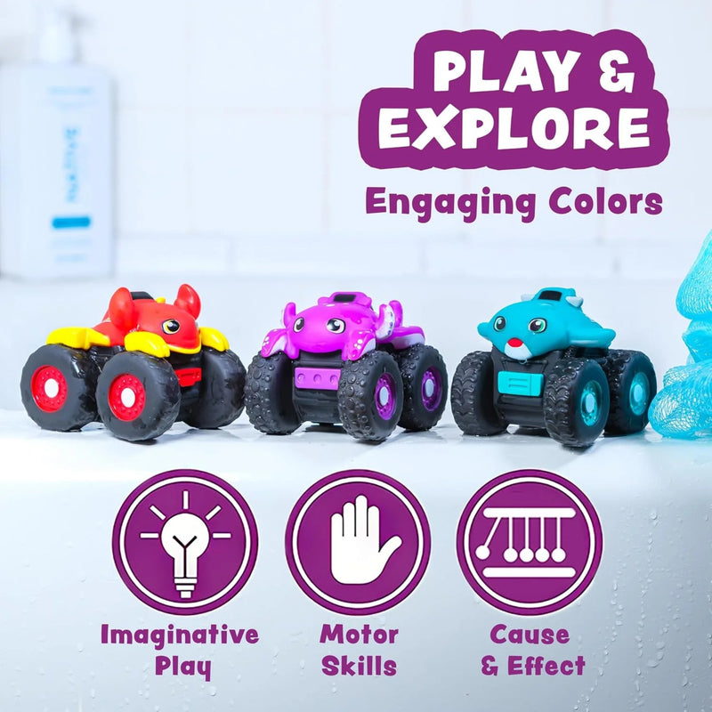Three bright and colorful Monster Trucks with tags acknowledging that these bath toys are good for imaginative play, motor skills and cause+effect.