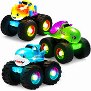 Three colorful monster trucks with extra large tires.  Toys for bathtime that are lighted and totally sealed.