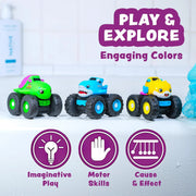 Three colorful monster trucks with extra large tires.  Illustrations show that these are good for imaginative play, motor skills and cause+effect.  