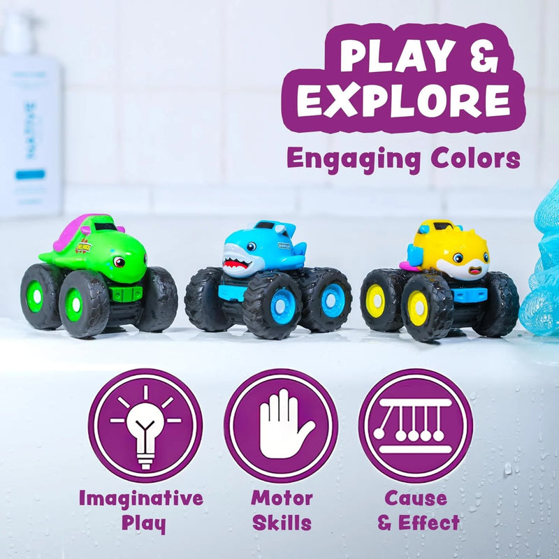Three colorful monster trucks with extra large tires.  Illustrations show that these are good for imaginative play, motor skills and cause+effect.  