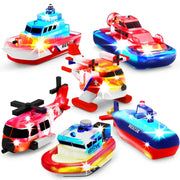 Six lighted ocean rescue vehicles including a rescue boat, submarine, patrol boat, hovercraft, seaplane, and resue chopper on a white background.  