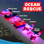 The Ocean Rescue team of vehicles on a dark background.  Shows lighted vehicles that include: a rescue boat, submarine, patrol boat, hovercraft, seaplane, and resue chopper.