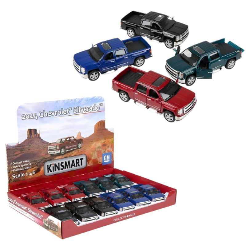 Kinsmart 1/25 scale collectible toy set of 2014 Chevrolet Silverado die-cast trucks, shown in an open retail display box with four larger trucks floating above on a white background.