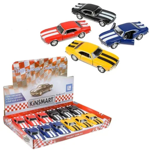 Box of Kinsmart 1967 Z28 Camaro cars with four displayed above it on a white background.