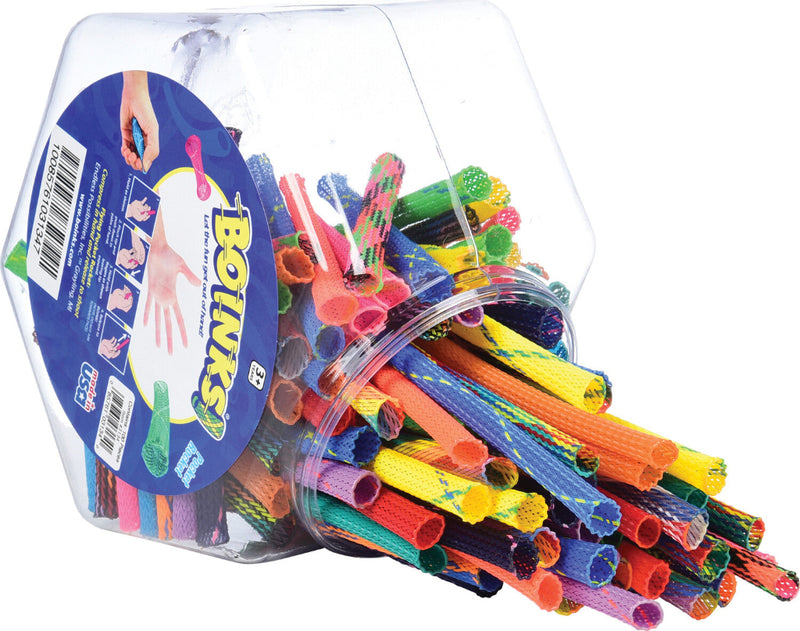 Clear plastic jar of colorful mesh tube fidget toys spilling out showing variety of patterns