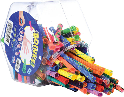 Clear plastic jar of colorful mesh tube fidget toys spilling out showing variety of patterns