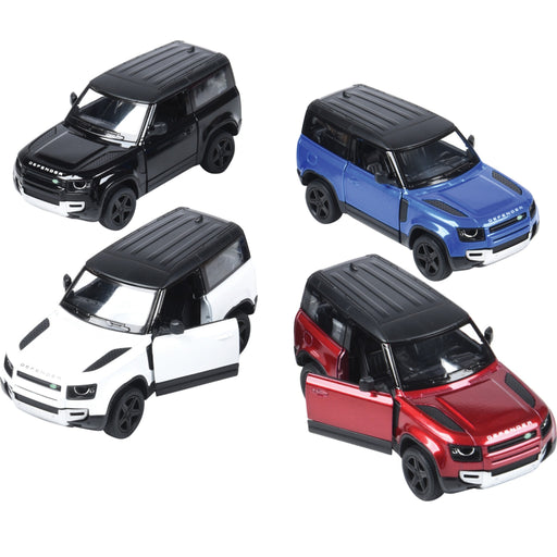 Four toy model Land Rover Defender SUVs in different color combinations (black, blue, white, and red) arranged on a plain white background.