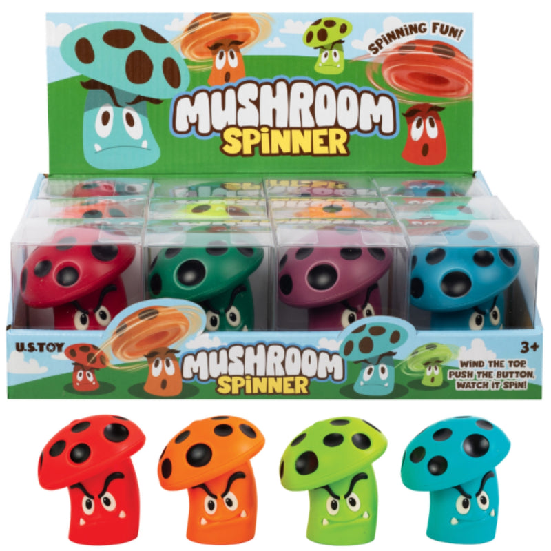 Retail display box of mushroom spinners in various colors. The mushroom's top makes a fun, unique gyro. Just twist a few times, press the button and watch it spin.