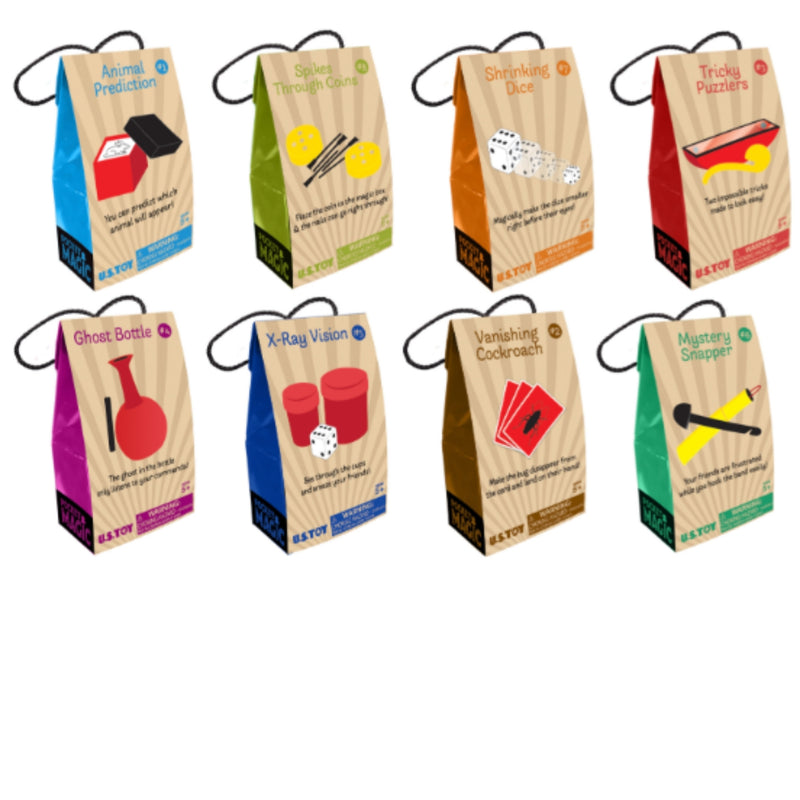 Eight small paper bag mystery toy packages arranged in two rows on a plain white background. Each bag has a different bright cover color and printed activity/game title such as Animal Prediction, Splice Through Cords, Shrinking Door, Tricky Puzzles, Ghost Bottle, X-Ray Vision, Vanishing Cocoon, and Magnifier Stacker.