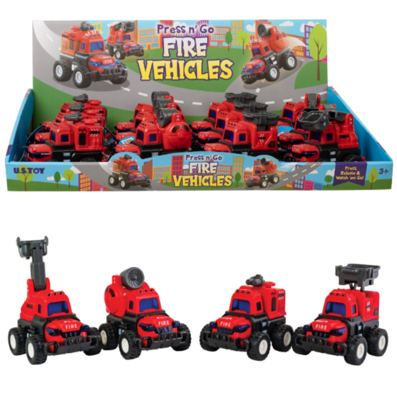 A retail display box filled with red fire truck toys, with four individual fire trucks shown in front on a plain white background. The packaging reads "Press 'n Go FIRE VEHICLES".