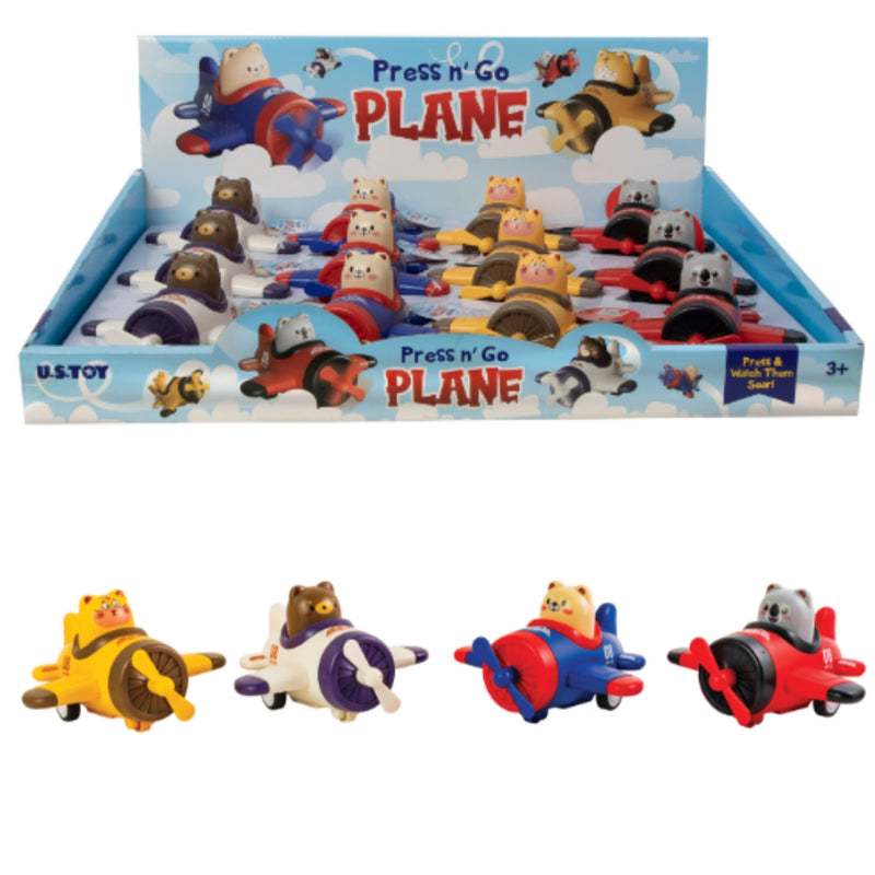 A retail display box and four individual toy airplanes for children. The products are colorful cartoon-style toy airplanes with animal characters inside, shown in a blue branded display tray labeled 'Press 'n Go Plane' .