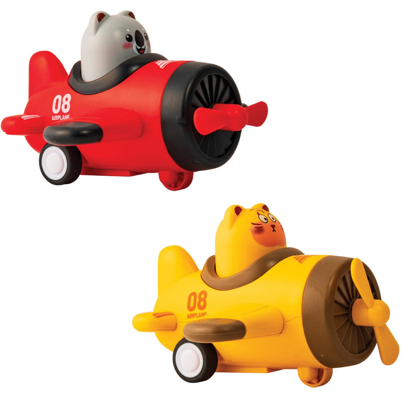 Two small toy airplanes on a plain white background: a red airplane with a gray animal sitting in the cockpit at the top, and a yellow airplane with a peach-colored animal sitting in the cockpit at the bottom. Both have black engine details and the number 08 on the side.