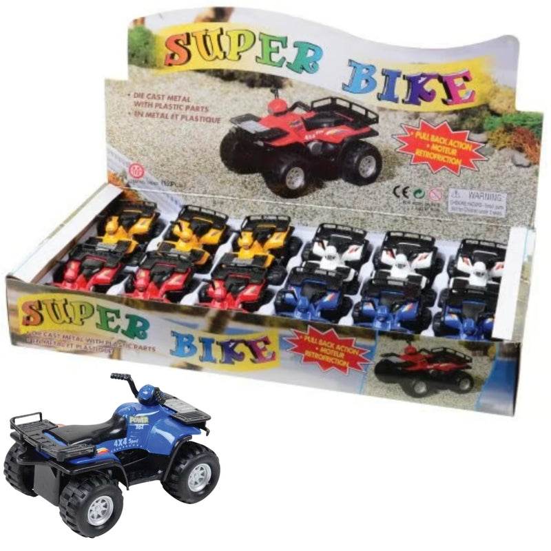 A retail display box filled with small toy ATVs/quads in multiple colors, with a larger blue ATV shown in front on a white background.