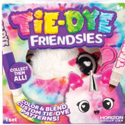 Front of a 'Tie-Dye Friendsies' toy kit box by Horizon Group USA, showing a colorful tie-dye design with a plush character face, markers, and text like 'Collect Them All!' and 'Color & Blend Custom Tie-Dye Patterns!'.