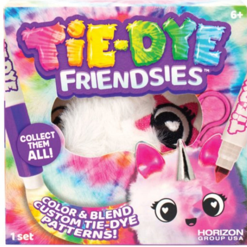 Front of a 'Tie-Dye Friendsies' toy kit box by Horizon Group USA, showing a colorful tie-dye design with a plush character face, markers, and text like 'Collect Them All!' and 'Color & Blend Custom Tie-Dye Patterns!'.
