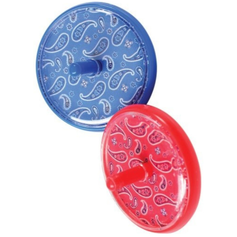 Two round tops with paisley patterns, one blue and one red, shown on a plain white background.