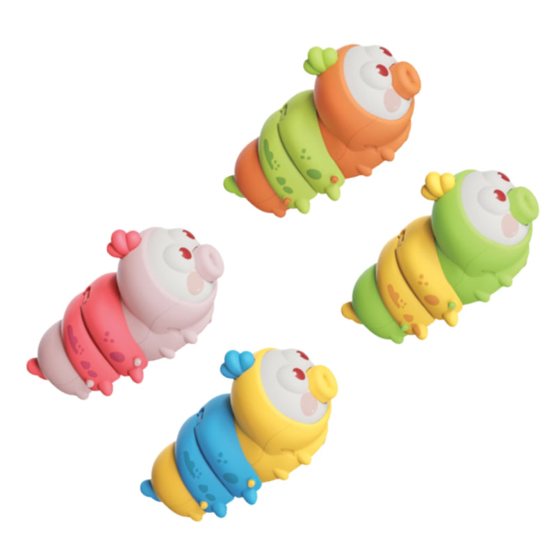 Four colorful caterpillar-shaped toy figures arranged on a plain white background. Each toy has a segmented body with different color combinations: orange and green, pink and white, yellow and green, and blue and yellow.