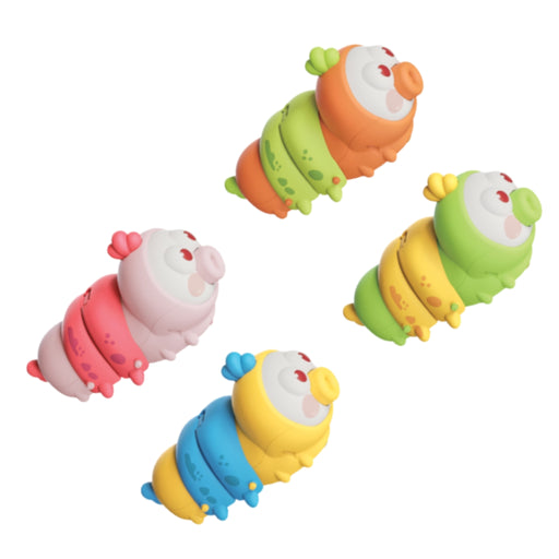 Four colorful caterpillar-shaped toy figures arranged on a plain white background. Each toy has a segmented body with different color combinations: orange and green, pink and white, yellow and green, and blue and yellow.