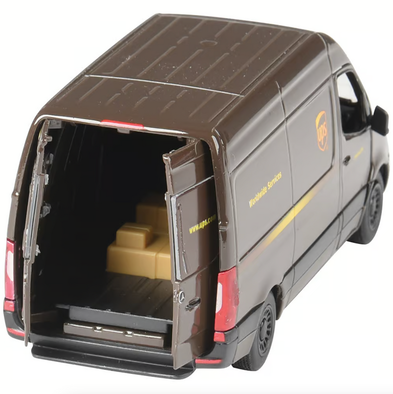 Brown Mercedes-Benz UPS delivery van toy with open rear doors showing cargo