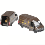 Two brown Mercedes-Benz UPS delivery van toy models with UPS branding
