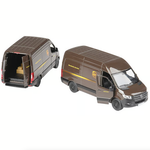 Two brown Mercedes-Benz UPS delivery van toy models with UPS branding