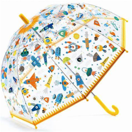 Djeco transparent dome umbrella with colorful space rockets and yellow trim