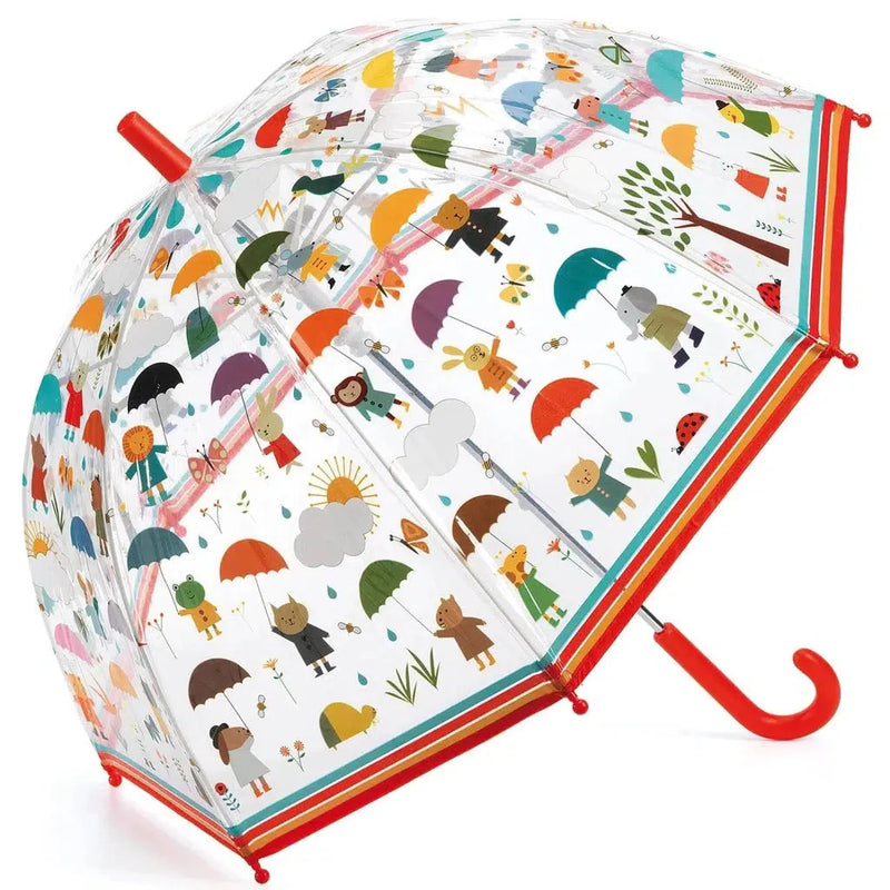 DJECO clear umbrella with colorful rain-themed pattern featuring children and umbrellas