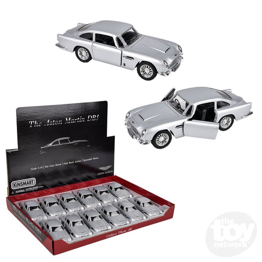 Silver Aston Martin DB5 die-cast model cars with display box showing multiple units