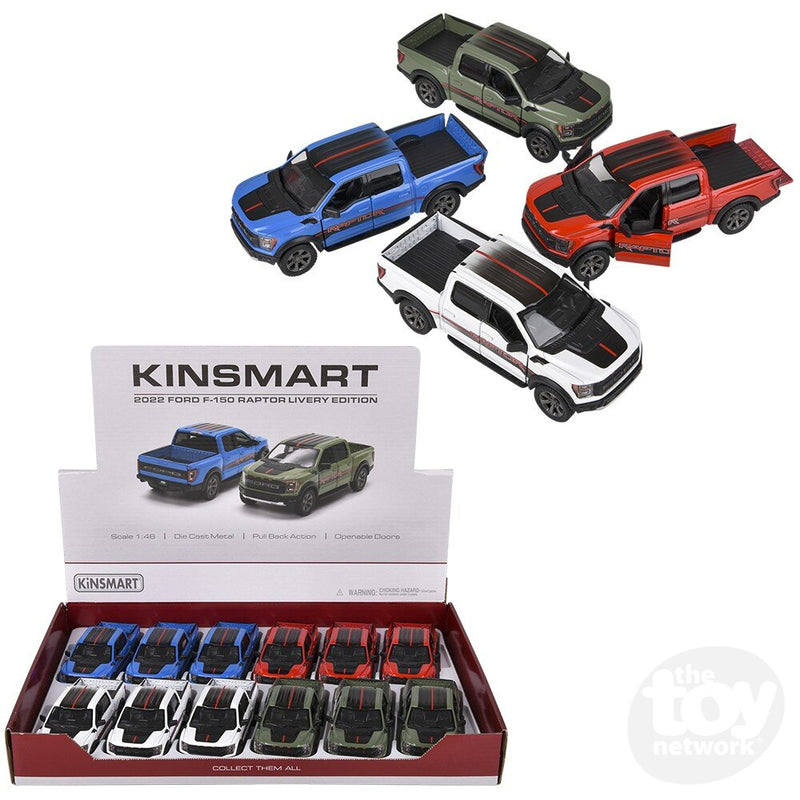 Kinsmart 5-inch diecast 2022 Ford F-150 Raptor collection display with multiple color variants