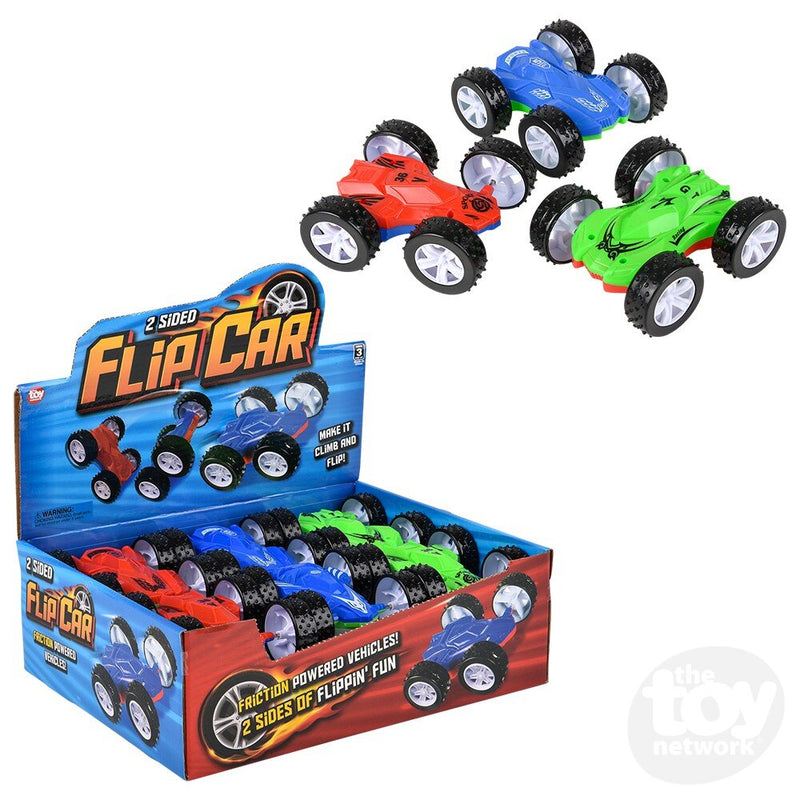 Flip Friction Car toy display box showing red blue green double-sided vehicles