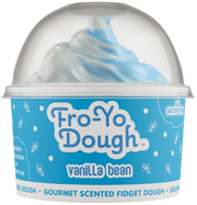 Fro-Yo Dough vanilla bean scented fidget dough in clear container with blue swirled product visible