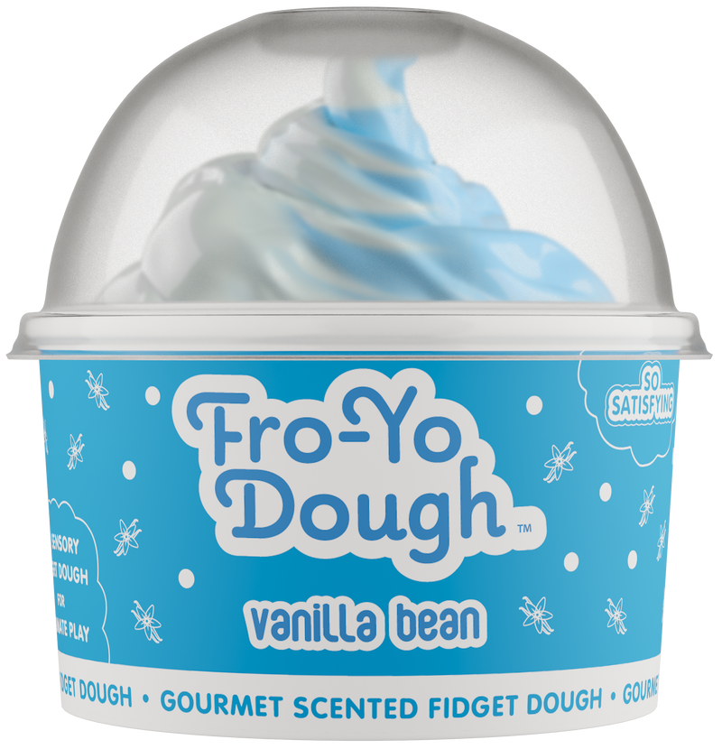 Fro-Yo Dough vanilla bean scented fidget dough in clear container with blue swirled product visible