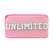 Pink rectangular bag with white 'UNLIMITED' text in varsity lettering style
