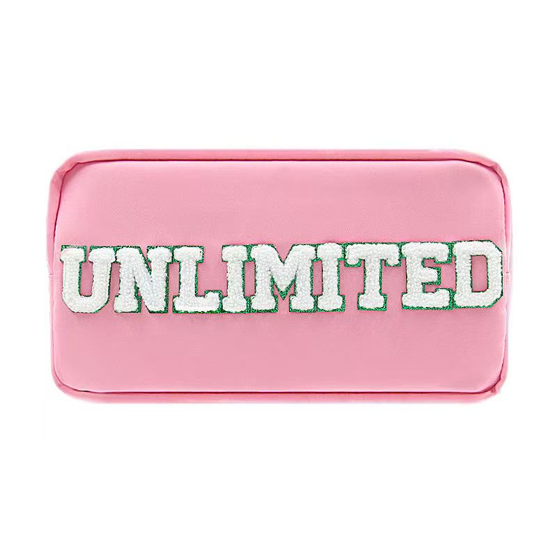Pink rectangular bag with white 'UNLIMITED' text in varsity lettering style
