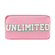 Pink rectangular bag with white 'UNLIMITED' text embroidery on clean background