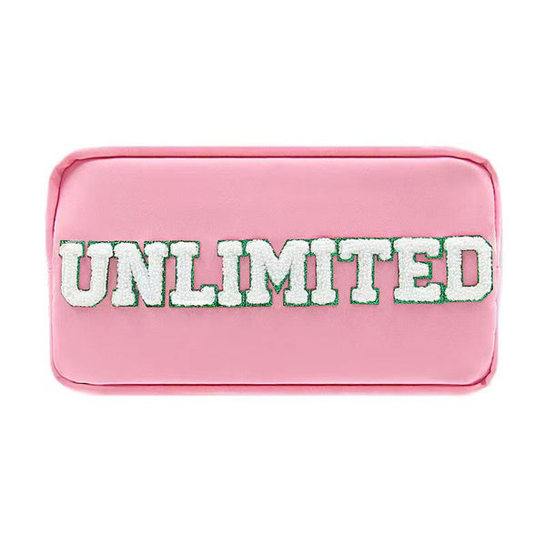 Pink rectangular bag with white 'UNLIMITED' text embroidery on clean background
