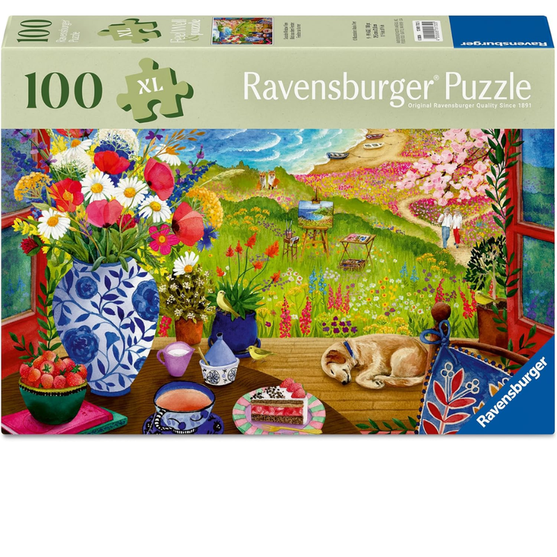 Ravensburger puzzle box with View Out the Window 100 pc scenic garden puzzle.