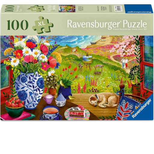 Ravensburger puzzle box with View Out the Window 100 pc scenic garden puzzle.