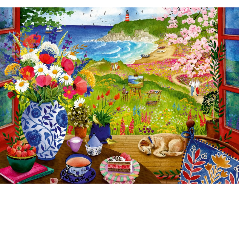Colorful scene with a table set for tea, flowers, and a scenic view through a window.