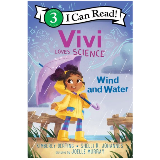 Book cover of 'Vivi Loves Science: Wind and Water' with a character holding an umbrella in the rain.