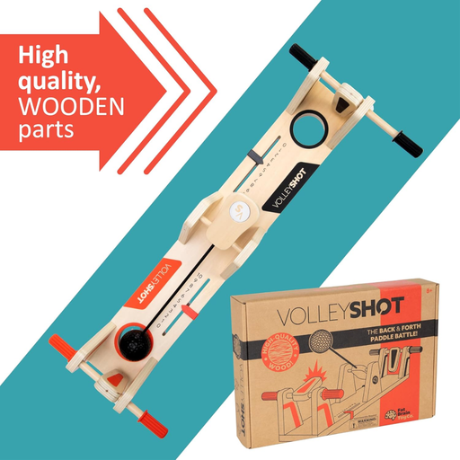 VolleyShot paddle battle device with packaging on a blue and white background.