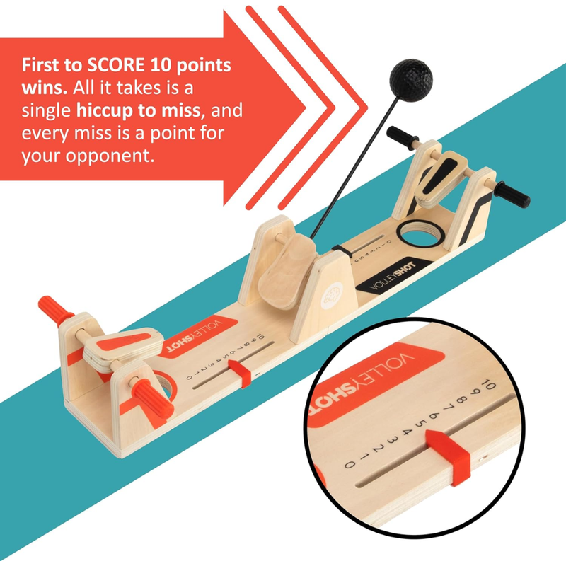 Wooden slingshot game with text on a colorful background.