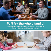 Two groups of people playing VolleyShot with text promoting it as fun for the whole family.
