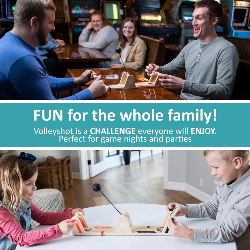 Two groups of people playing VolleyShot with text promoting it as fun for the whole family.