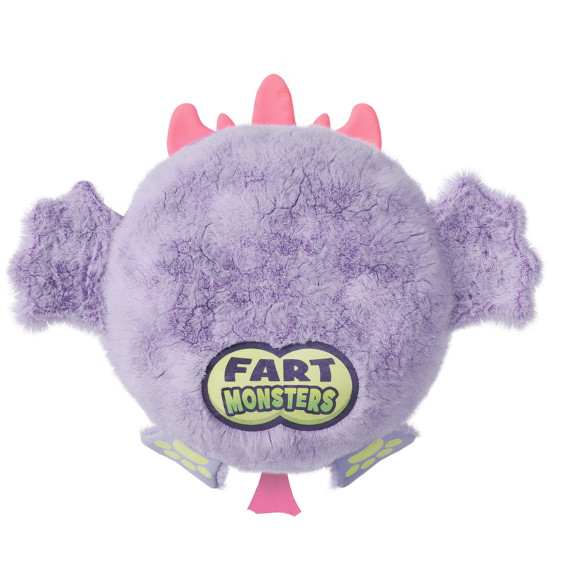 Purple furry Fart Monsters Cheeky plush toy with pink spikes and green logo